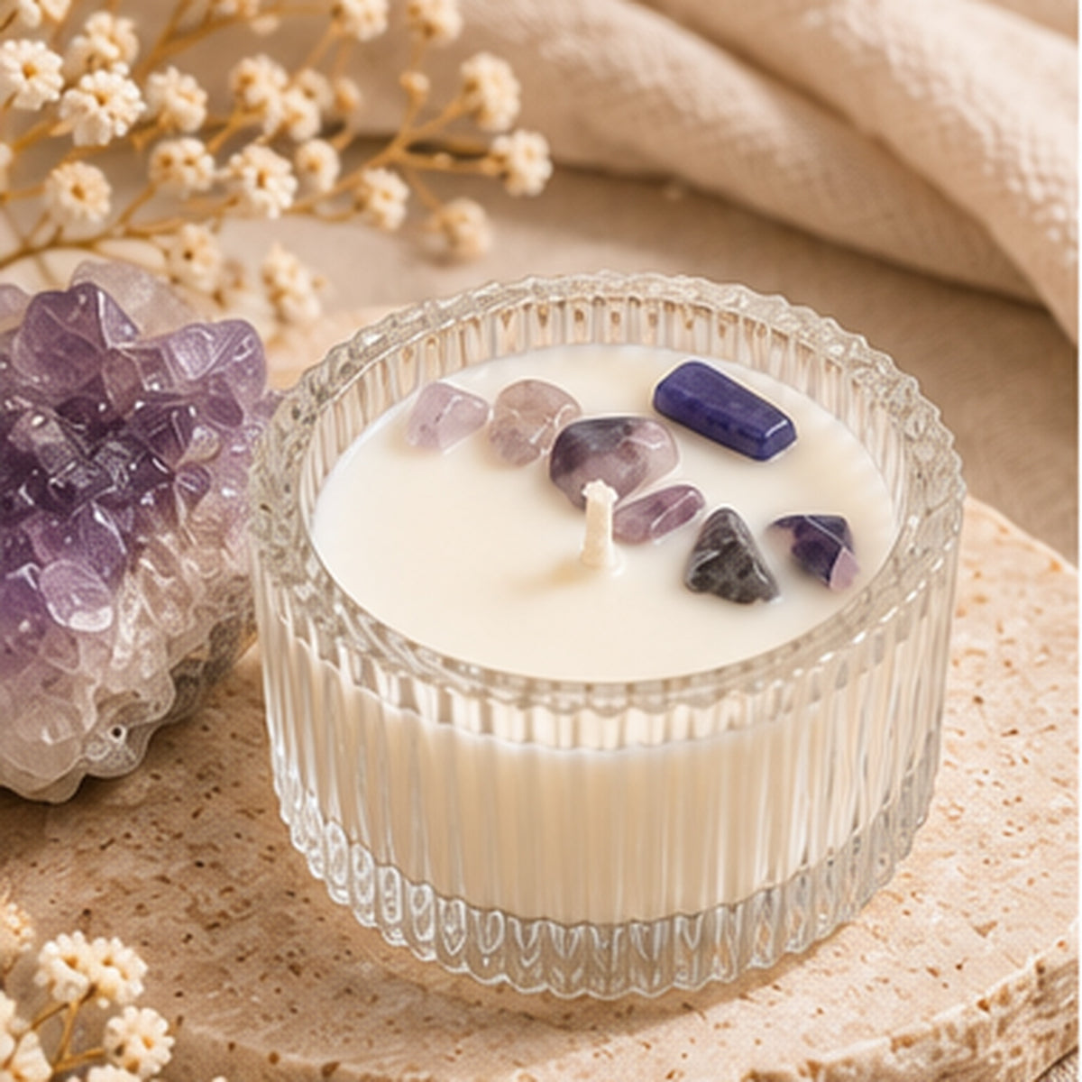 Sfeerfoto van de Mini Kristalkaars Amethist, mini geurkaars met amethist in geribbeld glas