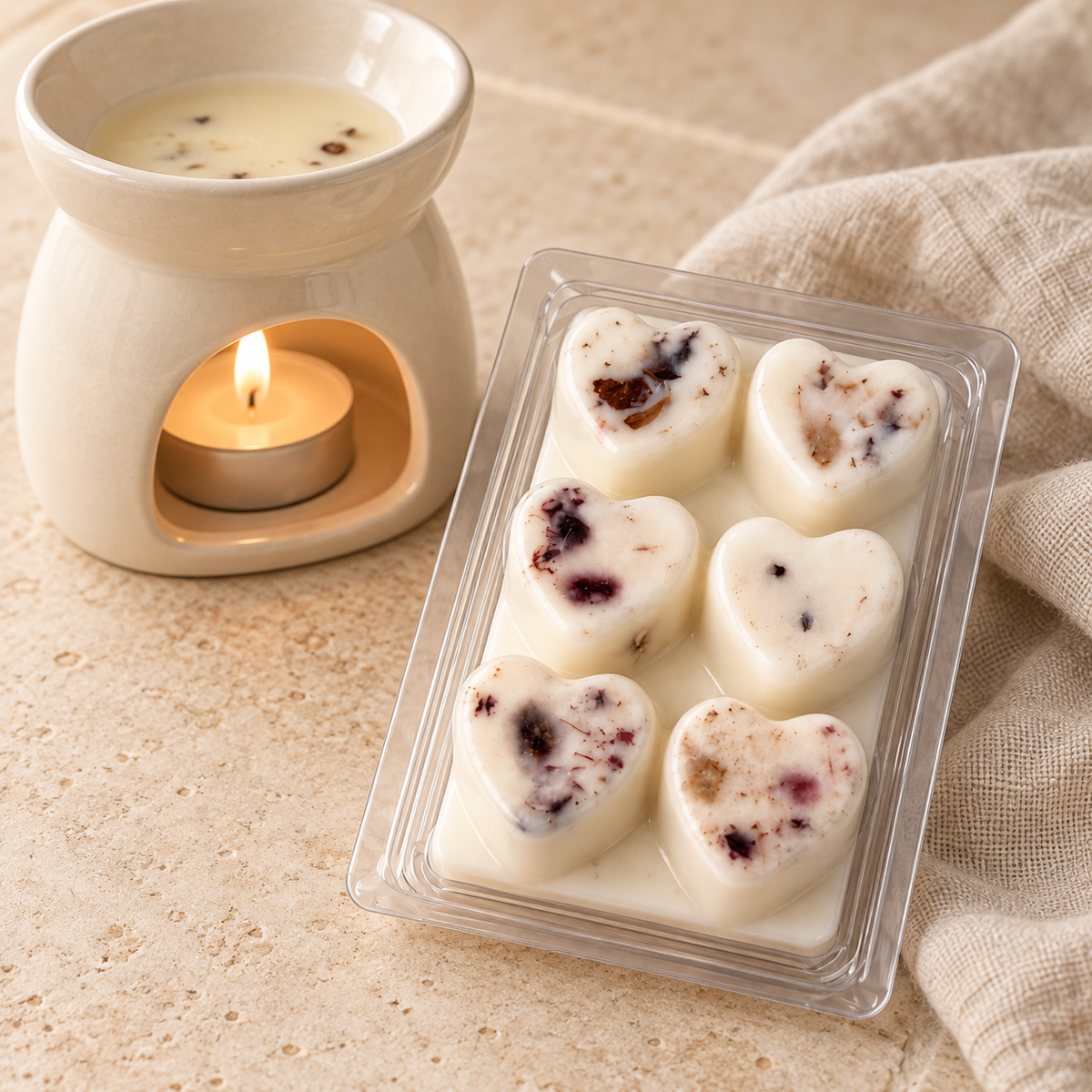 Amber-waxmeltblok met zes hartjes naast een keramische waxbrander met brandend theelichtje, op lichte steen met beige linnen.