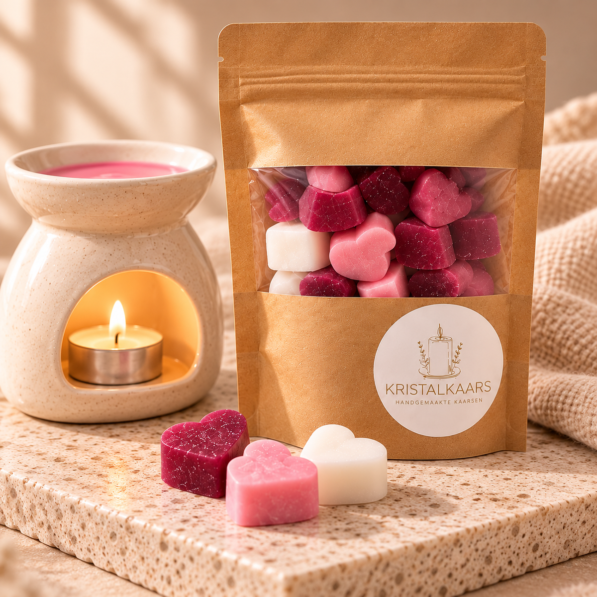 Kristalkaars Waxmelts Framboos & Vanille in een kraft zakje naast een keramische waxbrander met brandend theelichtje en drie waxmelthartjes in roze, bordeauxrood en wit.