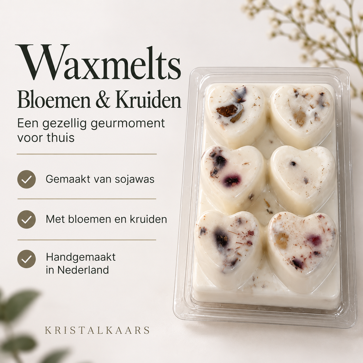 Kristalkaars waxmelts met bloemen en kruiden: gemaakt van sojawas, met bloemen en kruiden, handgemaakt in Nederland