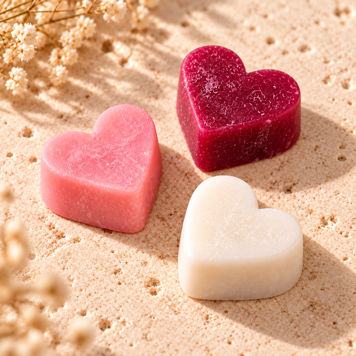 Close-up van drie hartvormige waxmelts Framboos & Vanille van Kristalkaars in roze, bordeauxrood en wit op een warme beige stenen ondergrond.