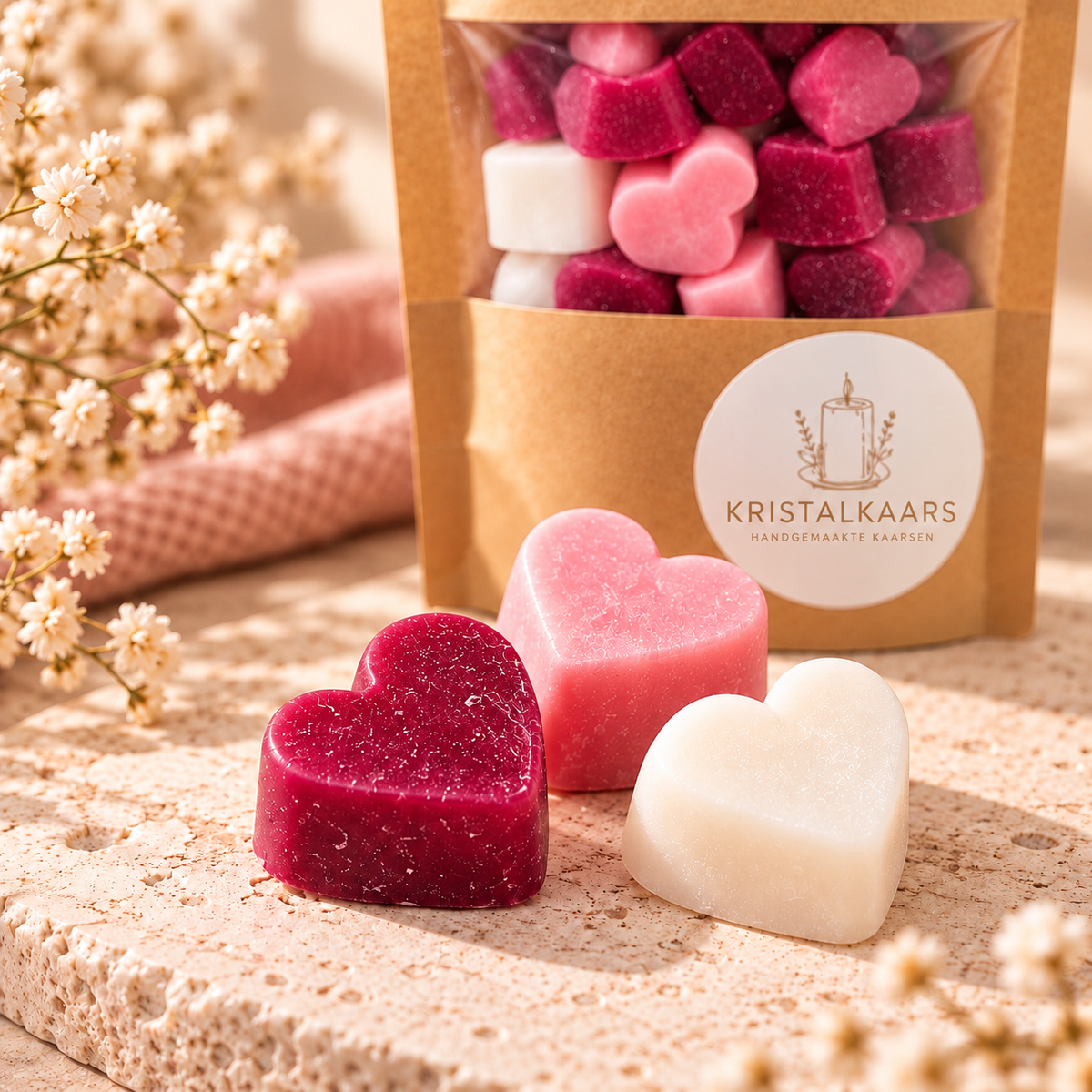 Drie hartvormige Waxmelts Framboos & Vanille van Kristalkaars in bordeauxrood, roze en wit, met de verpakking op de achtergrond.